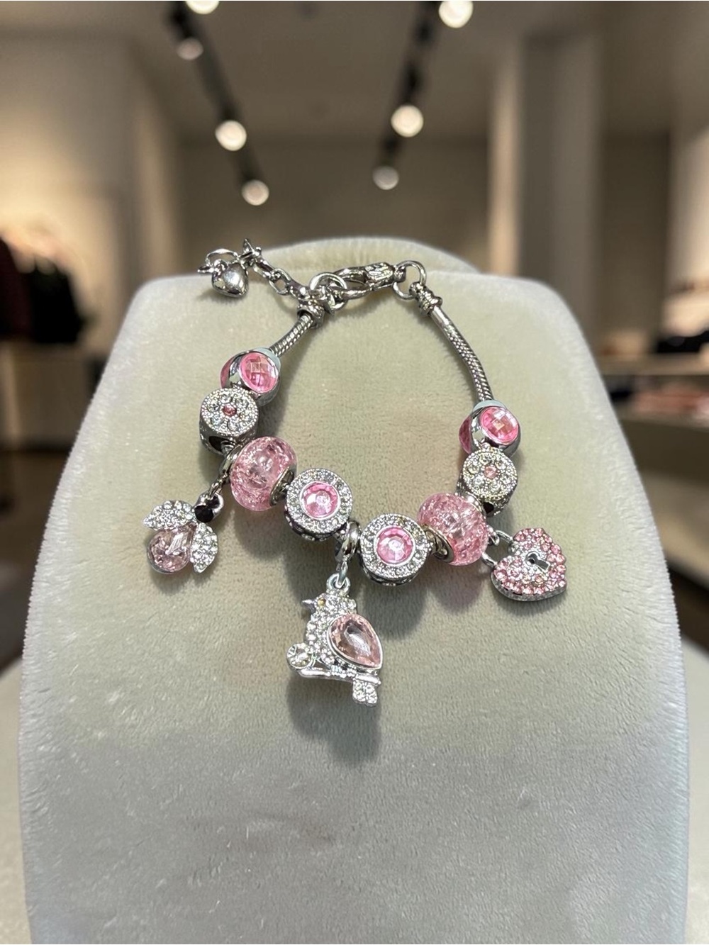 Silver Charm Bracelet with Pink Crystal Charms